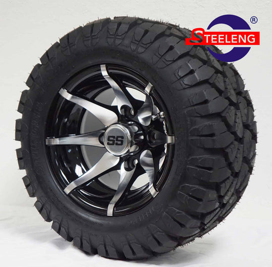 SGC 10" Kraken Machined/Black Wheel - Aluminum Alloy / STEELENG 18"x9"-10" STINGER All Terrain Tire DOT approved Tires Combo - Set of 4