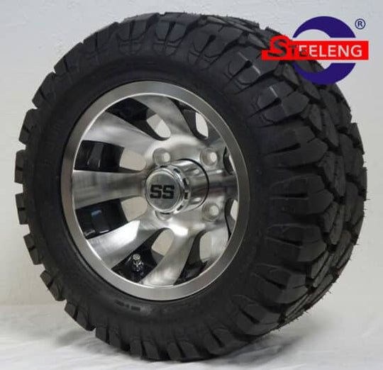 SGC 10" Revolver Machined/Black Wheel - Aluminum Alloy / STEELENG 18"x9"-10" STINGER All Terrain Tire DOT approved Tires Combo - Set of 4
