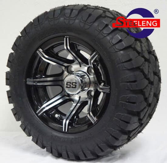 SGC 10" Spider Machined/Black Wheel - Aluminum Alloy / STEELENG 18"x9"-10" STINGER All Terrain Tire DOT approved Tires Combo - Set of 4