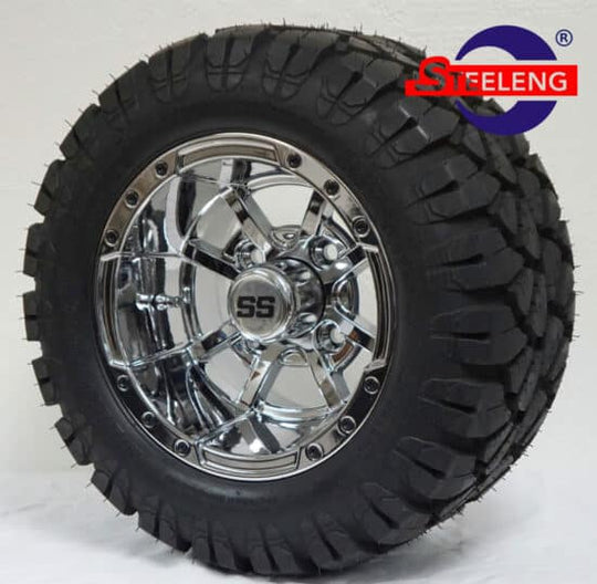 SGC 10" Storm Trooper Chrome Wheel - Aluminum Alloy / STEELENG 18"x9"-10" STINGER All Terrain Tire DOT approved Tires Combo - Set of 4