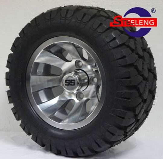 SGC 10" Revolver Machined/Gunmetal Wheel - Aluminum Alloy / STEELENG 18"x9"-10" STINGER All Terrain Tire DOT approved Tires Combo - Set of 4