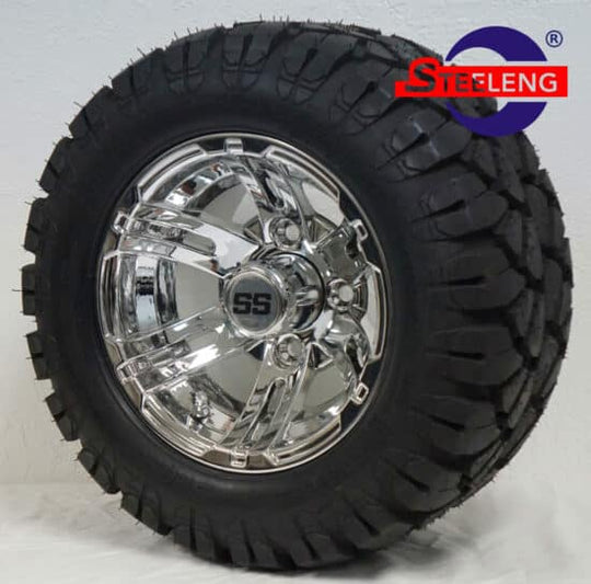 SGC 10" x 7" Bulldog Chrome Wheel - Aluminum Alloy / STEELENG 18"x9"-10" STINGER All Terrain Tire DOT approved Tires Combo - Set of 4