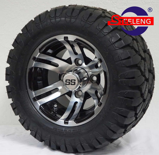 SGC 10" Bulldog Machined/Black Wheel - Aluminum Alloy / STEELENG 18"x9"-10" STINGER All Terrain Tire DOT approved Tires Combo - Set of 4