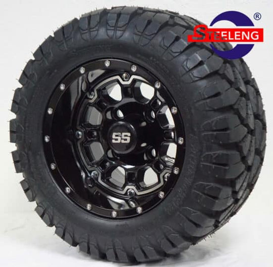 SGC 10" Panther Glossy Black Wheel - Aluminum Alloy / STEELENG 18"x9"-10" STINGER All Terrain Tire DOT approved Tires Combo - Set of 4