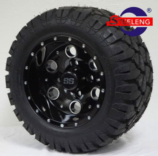 SGC 10" Pioneer Glossy Black Wheel - Aluminum Alloy / STEELENG 18"x9"-10" STINGER All Terrain Tire DOT approved Tires Combo - Set of 4