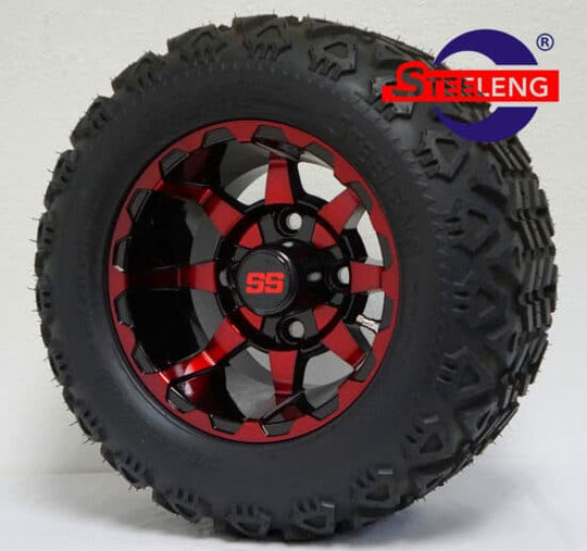 SGC 10" Vortex Red/Black Wheel - Aluminum Alloy / STEELENG 18"x9"-10" All Terrain Tire DOT approved Tires Combo - Set of 4