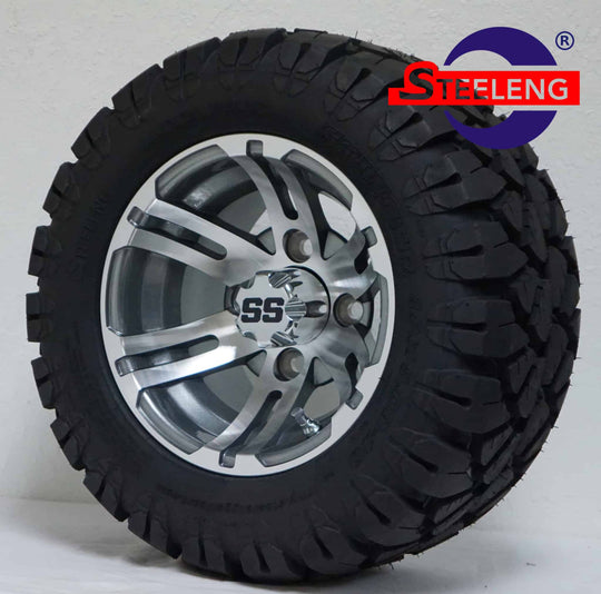SGC 10" Bulldog Machined/Gunmetal Wheel - Aluminum Alloy / STEELENG 18"x9"-10" STINGER All Terrain Tire DOT approved Tires Combo - Set of 4