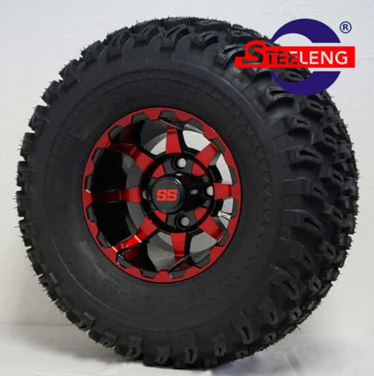 SGC 10"x7" Red/Black -VORTEX- Aluminum Alloy Wheels / STEELENG 22"x11"-10" All Terrain Tire DOT approved Tires Combo - Set of 4