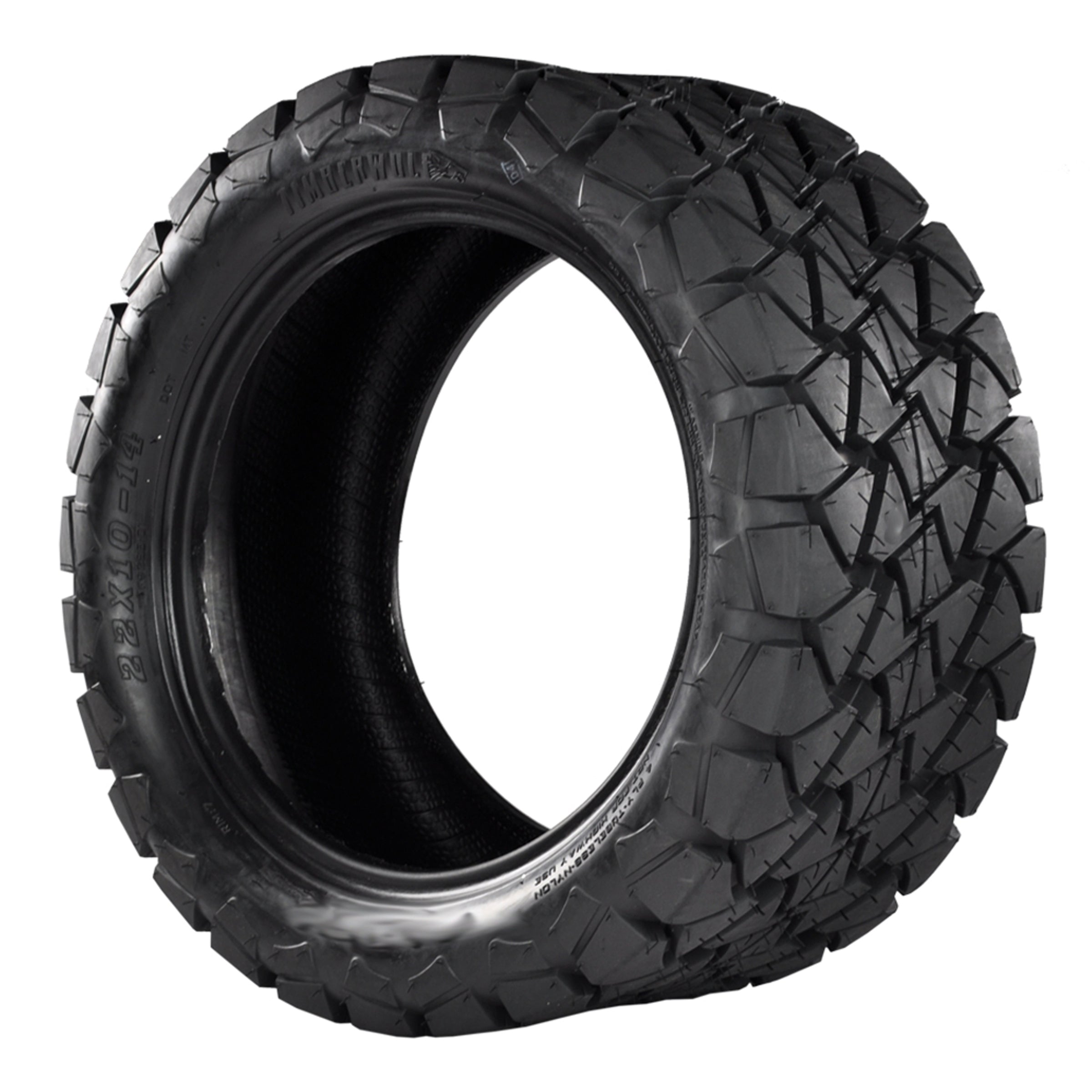 22x10-14 GTW¬¨√Ü Timberwolf A/T Tire on a Golf Cart, All-Terrain Tread Design