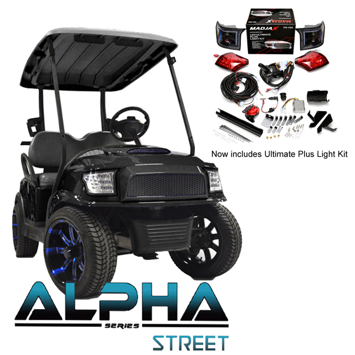 Club Car Precedent/Tempo ALPHA Street Body Kit in Black with Ultimate Plus Light Kit