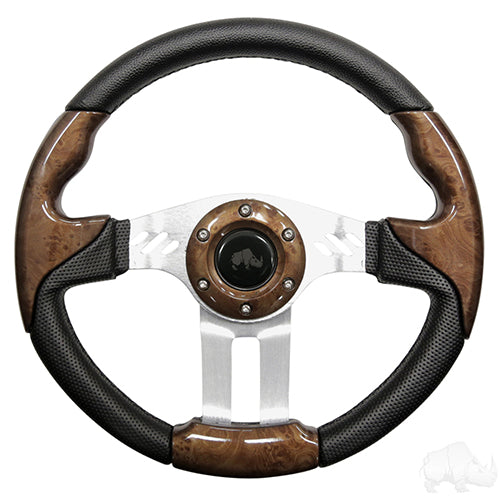 RHOX Golf Cart Steering Wheel -Aviator 5 Woodgrain Grip/Brushed Aluminum Spokes 13" Diameter