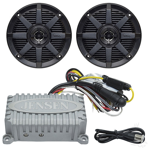 Golf Cart Bluetooth Audio Package with Jensen 2x80 Watt Marine Grade Amp and 5.25" MB Quart Speakers