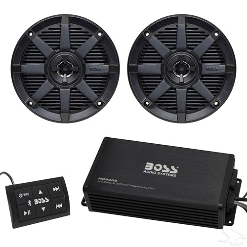 Golf Cart Bluetooth Audio Package with Boss 4x200 Watt Marine Grade Amp and 5.25" MB Quart Speakers