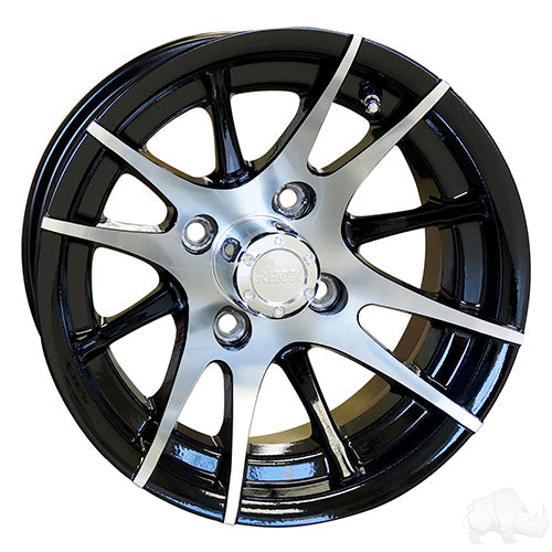 12" Golf Cart Wheel -  12 Spoke -  Machined/Black Rim & Center Cap -  12x7 ET-25