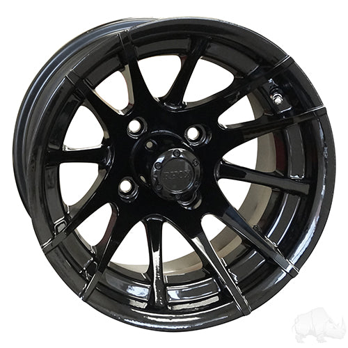 12" Golf Cart Wheel -  12 Spoke -  Black Rim & Center Cap -  12x7 ET-25