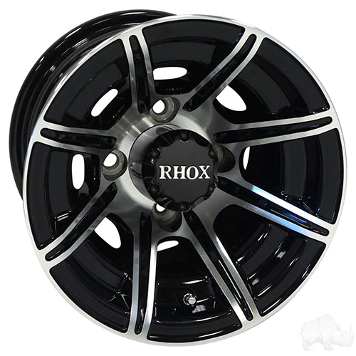 10" Golf Cart Wheel, 8 Spoke Machined/Gloss Black Rim & Center Cap, 10x7 ET-22