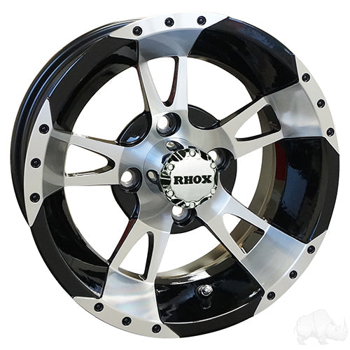 12" Golf Cart Wheel, Machined/Black Rim & Center Cap, 12x7 ET-25