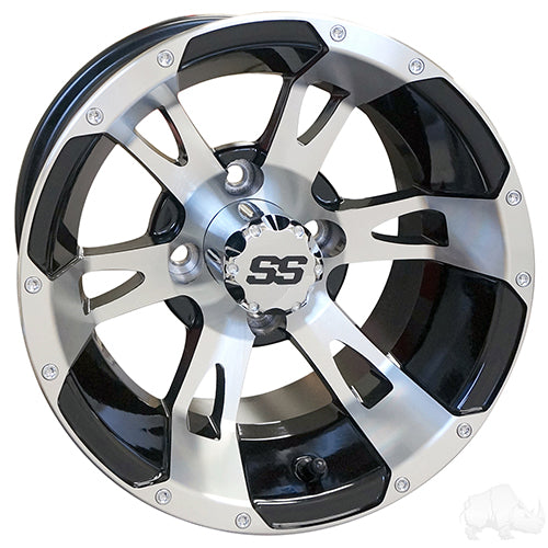 12" Golf Cart Wheel -  Machined/Black & Center Cap -  12x7 ET-25