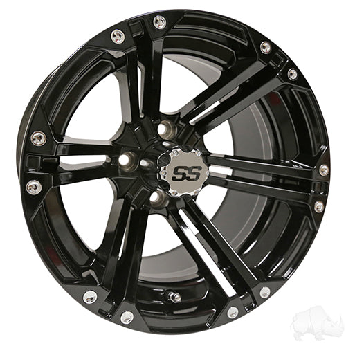 14" Golf Cart Wheel, Gloss Black Rim & Center Cap, 14x7 ET-25