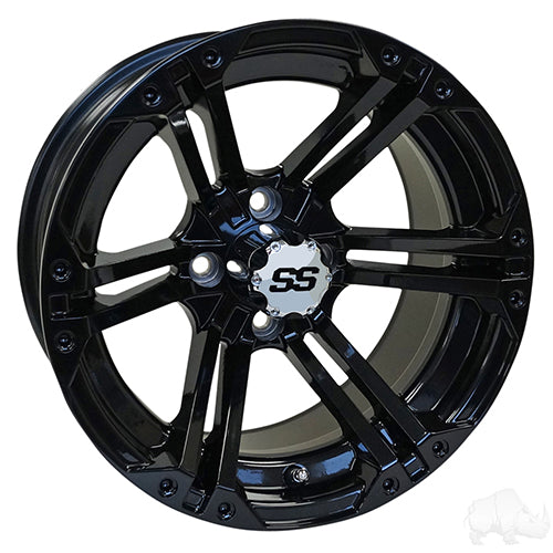 14" Golf Cart Wheel, Gloss Black Rim & Chrome Center Cap, 14x7 ET-25